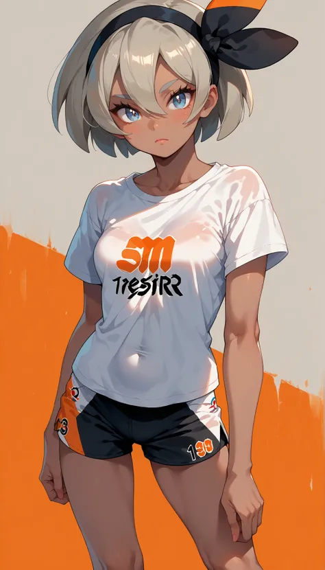 score_9, score_8_up, score_7_up, score_6_up, score_5_up, score_4_up, source_anime, newest, game cg, 1girl, solo, pokemonbea, blue eyes, wide anime eyes, dark skin, dark-skinned female, grey hair, hair between eyes, short hair, ribbon, hair ribbon, hairband...