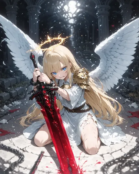  Masterpiece, ultra-detailed, cinematic illustration, 4K resolution, dramatic lighting. At the center of a ruined, ancient temple, a glowing red greatsword is stabbed into the stone floor, its thick blade radiating menace. The sword features a disturbing, ...