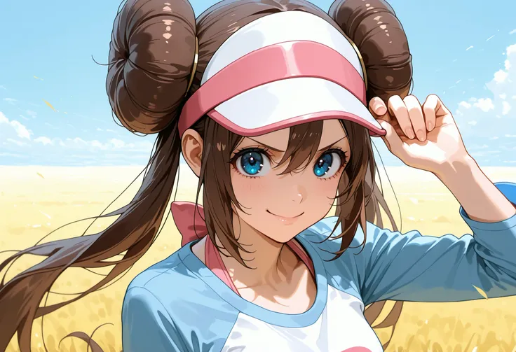 score_9, score_8_up, score_7_up, nh, hat tip, hand on headwear, adjusting headwear, tipping_hat, upper body, v-shaped eyebrows, smile, face focus, 1girl, solo, rosa, brown hair, double bun, doughnut hair bun, hair bun, blue eyes, hair between eyes, twintai...