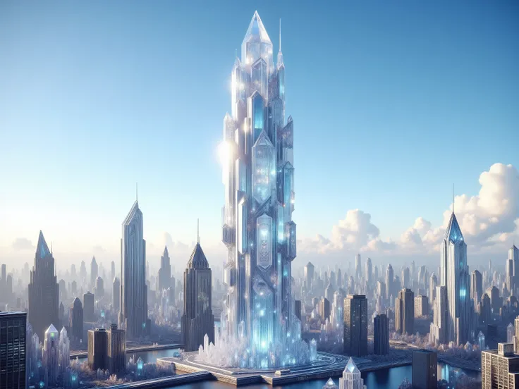 a 200 feet tall skyscraper in modern day New York city, made entirely out of translucent quartz crystal, hollowed out interior, 8K, ultra-detailed, photorealistic, HDR, studio lighting, physically-based rendering, vivid colors, sharp focus, professional ar...