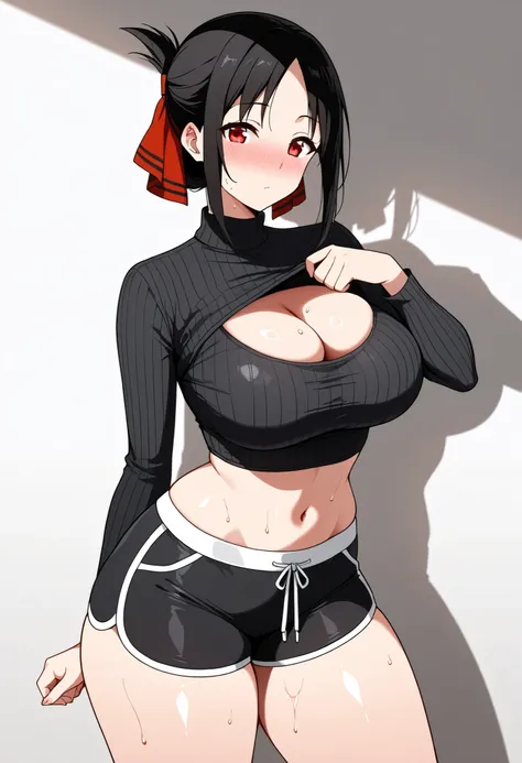 with an extremely curvy and voluptuous figure, wearing a tight ribbed black long-sleeve crop top that stretches over her large bust, short black athletic shorts with white trim and drawstring, very slim waist, pronounced hip curves, thick thighs with soft ...