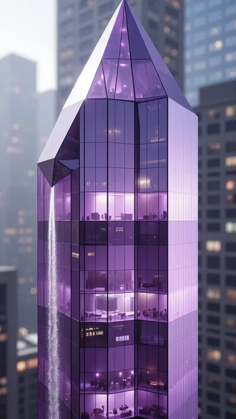 Macro photography of the intricate details of the
translucent purple windows through which offices and rooms can be seen. Carved and engraved to perfection, close up from every angle. A skyscraper in modern-day New York City is made entirely out of a tr...