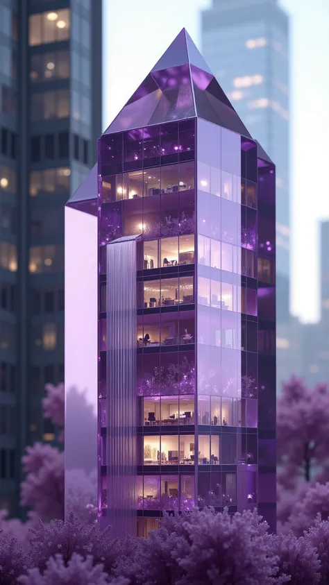 Macro photography  of the intricate details of the
 translucent purple windows through which offices and rooms can be seen. Carved and engraved to perfection, close up from every angle.  A skyscraper in modern-day New York City is made entirely out of a tr...