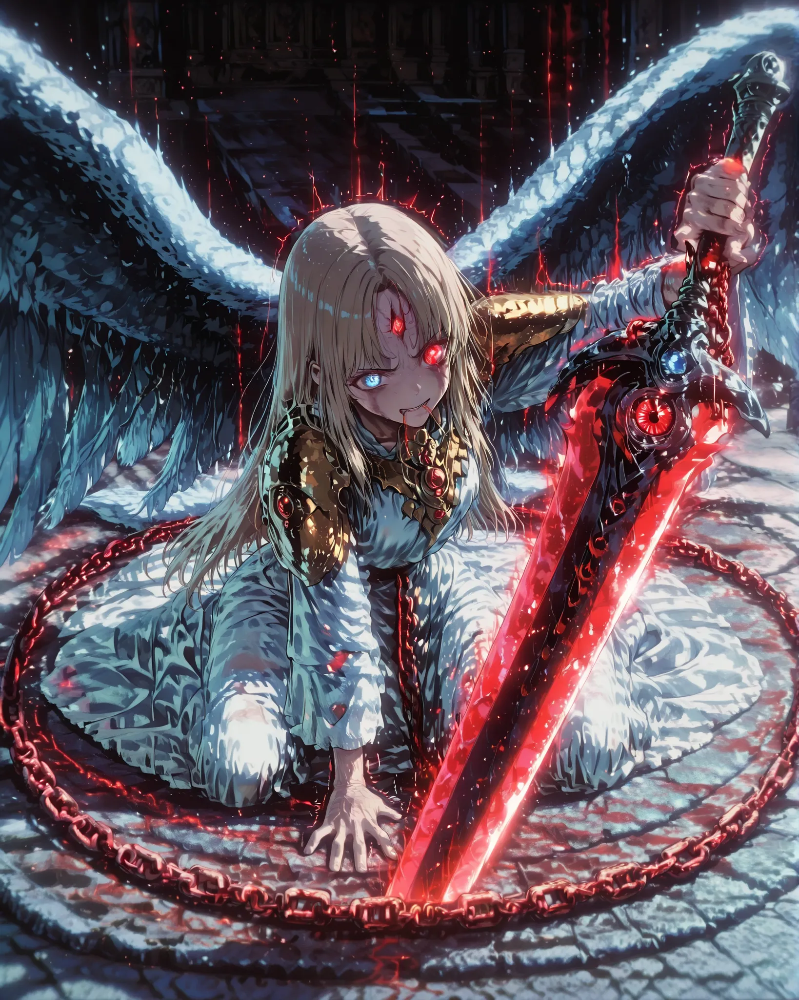  Masterpiece, ultra-detailed, cinematic illustration, 4K resolution, dramatic lighting. At the center of a ruined, ancient temple, a glowing red greatsword is stabbed into the stone floor, its thick blade radiating menace. The sword features a disturbing, ...