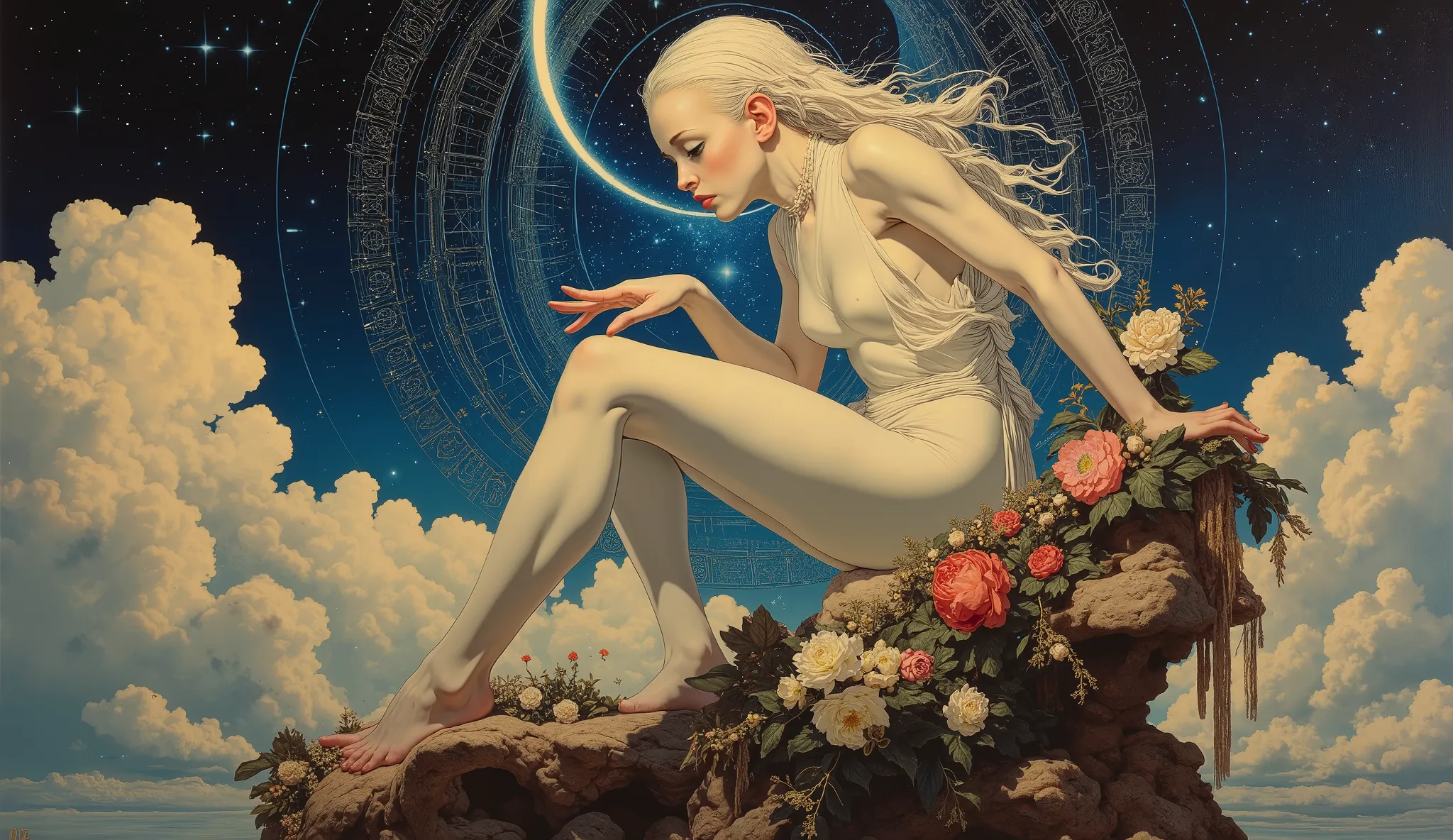 (( Bartolomé Murillo)) ((Cyberpunk's)), unique , In the clouds of the galaxy,　starry sky, halo,  , blonde long, ((Bartolomé Esteban Murillo style)),  darkness，SF, ((top quality, masterpiece)), (More Rights  , 高details),  8,000，Canvas Oil Painting
 Her porc...