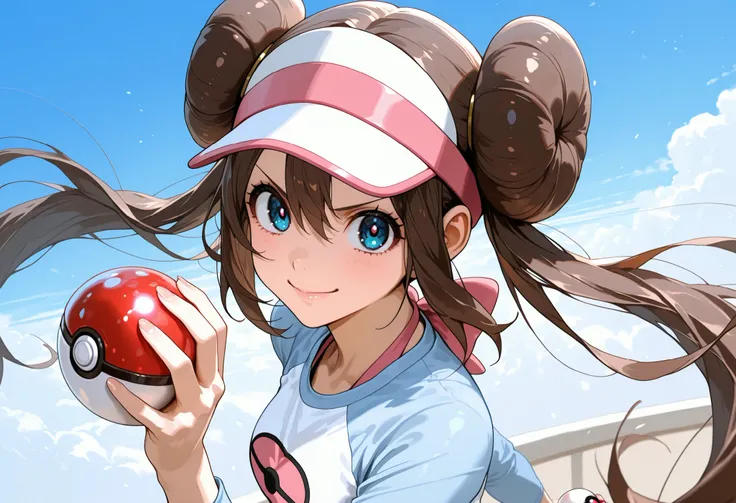 score_9, score_8_up, score_7_up, nh, holding a pokeball, upper body, v-shaped eyebrows, smile, face focus, 1girl, solo, rosa, brown hair, double bun, doughnut hair bun, hair bun, blue eyes, hair between eyes, twintails, raglan sleeves, white shirt, blue sl...