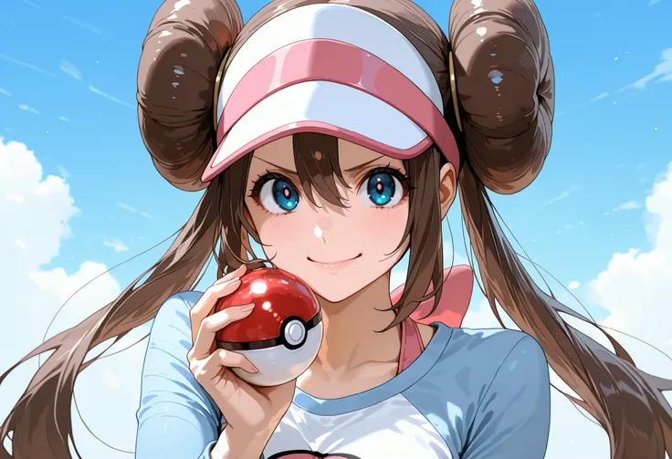 score_9, score_8_up, score_7_up, nh, holding a pokeball, upper body, v-shaped eyebrows, smile, face focus, 1girl, solo, rosa, brown hair, double bun, doughnut hair bun, hair bun, blue eyes, hair between eyes, twintails, raglan sleeves, white shirt, blue sl...