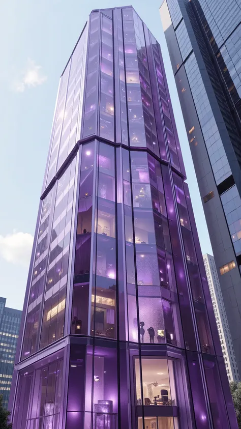 Perspective: from below, ultra realistic images of the intricate details of the translucent purple windows through which offices and rooms can be seen. Carved and engraved to perfection, close up from every angle. A skyscraper in modern-day New York City ...