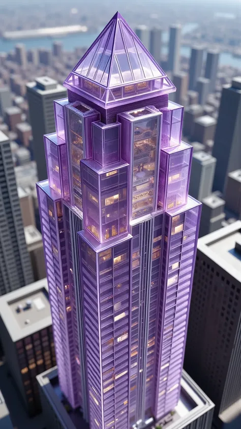 Perspective: from above, ultra realistic images of the intricate details of the translucent purple windows through which offices and rooms can be seen. Carved and engraved to perfection, close up from every angle.  A skyscraper in modern-day New York City ...