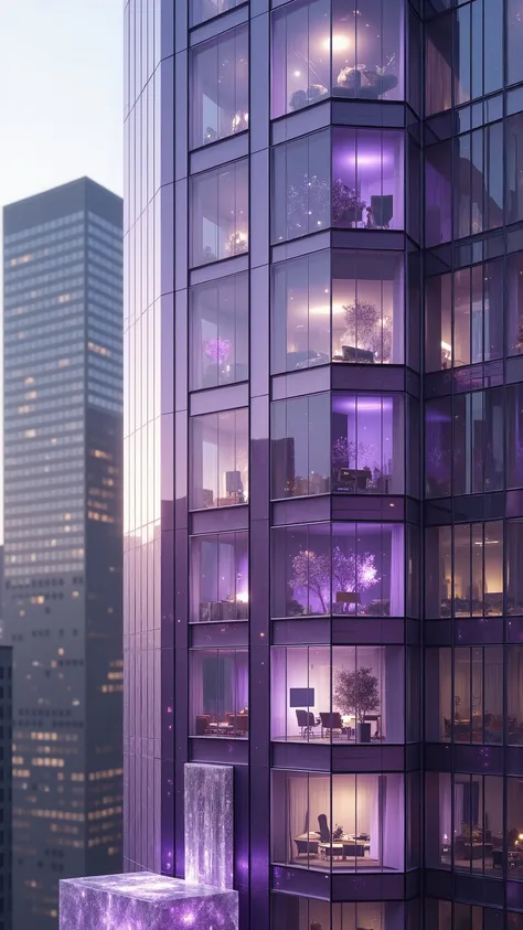 Ultra real images of the intricate details of the
 translucent purple windows through which offices and rooms can be seen. Carved and engraved to perfection, close up from every angle.  A skyscraper in modern-day New York City is made entirely out of a tra...