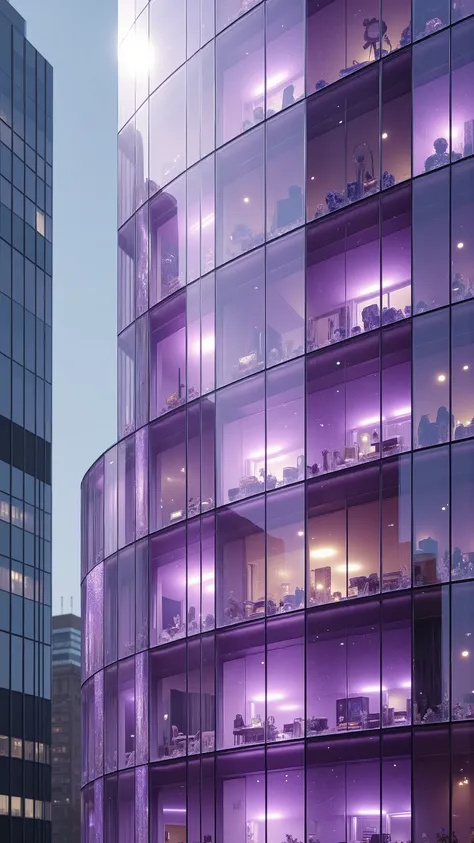 Ultra real images of the intricate details of the
translucent purple windows through which offices and rooms can be seen. Carved and engraved to perfection, close up from every angle. A skyscraper in modern-day New York City is made entirely out of a tra...