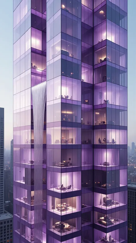 Perspective: close up, macro photography, ultra realistic images of the intricate details of the translucent purple windows through which offices and rooms can be seen. Carved and engraved to perfection, close up from every angle. A skyscraper in modern-d...