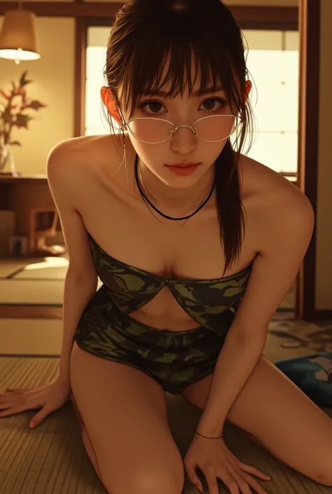 ((top quality、masterpiece、high sensitivity、high resolution、detailed depiction、depiction of a delicate face、Ｆvalue：6.0),((Slender Woman、wearing glasses)),it's advanced digital art、tube top slit dress、stand on all fours、In a tatami room、