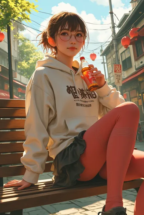 ((top quality、masterpiece、high sensitivity、high resolution、detailed depiction、depiction of a delicate face、Ｆvalue：6.0),((Slender Woman、wearing glasses)),advanced digital art、ruffle skirt、Short sleeve hoodie、color tights、sneakers、Sit on a bench in the square、holding a bottle of Ramune、the sun's rays look dazzling、
