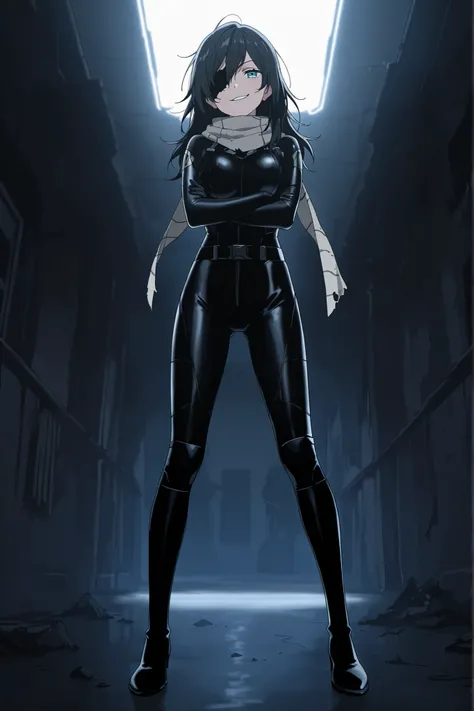score_9, score_8_up, score_7_up, best quality, detailed face, detailed background, maximum detail, beautiful face, beautiful eyes, very aesthetic, absurdres, perfect lighting, nsfw, 1 female, anime coloring, dark room, wearing clad black skinsuit , grey da...