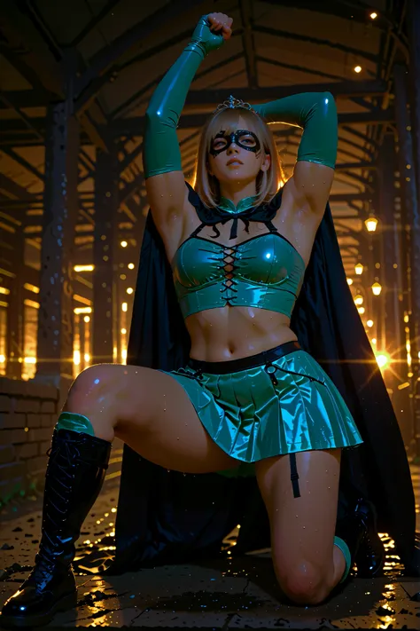 Young female, outdoor, 仮面舞踏会, (((from below))), kneeling, pastel color, wrestling outfits mixed (((intricate))) ((sexy dress)), tiara, too short pleated skirt, muscle, knee up, thick thigh, wrestling boots, wide hip, bate navel, elbow gloves, perfect hand,...