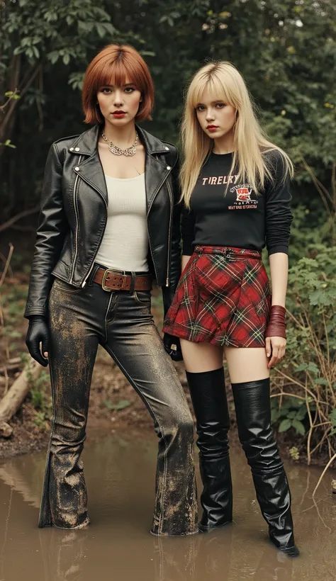 1970s exotic erotic shiny illustration, (1 woman, mid-aged, 40 years old, with bags under her eyes, copper-brunette short haircut, in a faded rough leather torture jacket and faded ugly tight flared biker rough leather torture jeans with laces, dirty glove...