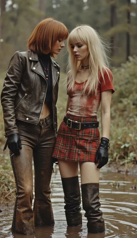 1970s exotic erotic shiny illustration, (1 woman, mid-aged, 40 years old, with bags under her eyes, copper-brunette short haircut, in a faded rough leather torture jacket and faded ugly tight flared biker rough leather torture jeans with laces, dirty glove...