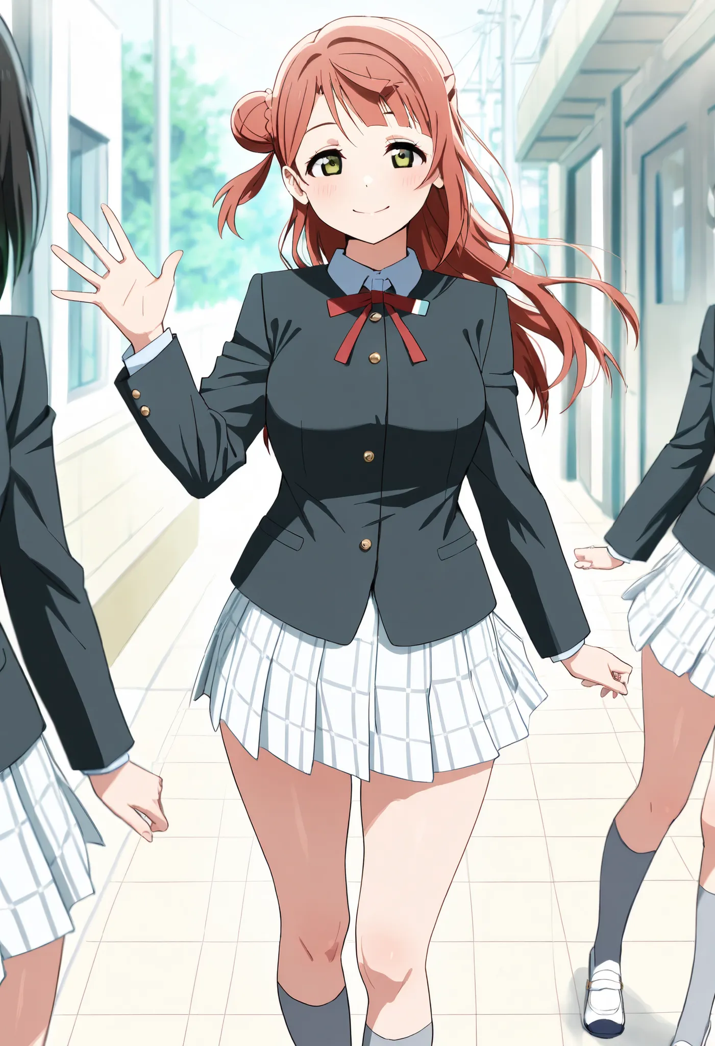 (Ayumu Uehara、long hair、bun hair),long sleeves, black blazer, red neck ribbon, white skirt ,Winter uniform,nijigasaki academy school_uniform, navy socks,School Shoes,soft body,gentle curves,kind smile,waving hands,calm expression, relaxed pose, standing, f...