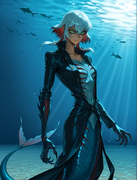 1girl, solo, An action shot of a young woman standing solo at three quarter angle glaring at the viewer, messy and short white hair, red hair, colored inner hair, (black coat:1.2), captain Ahab, Ishmael, Outis, Na'vi, underwater, deep ocean horror inducing...