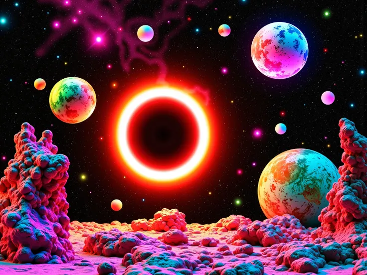 In this vivid and surreal image, a cosmic scene unfolds against a backdrop of deep blackness studded with a myriad of colorful celestial bodies. Dominating the composition is a massive, glowing orb reminiscent of a star or planet in the midst of a solar ec...