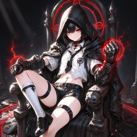 ((best quality)), ((masterpieces)), (detailed), perfect face, SOLO, ((((femboy)))), tomgirl, ANIME, beautiful detailed eyes, BOB hair, BOBed hair, black hair, RED EYES, expressionless, hooded, Magical Eyes, dark background, ((BLACK HOODED coat draped over ...