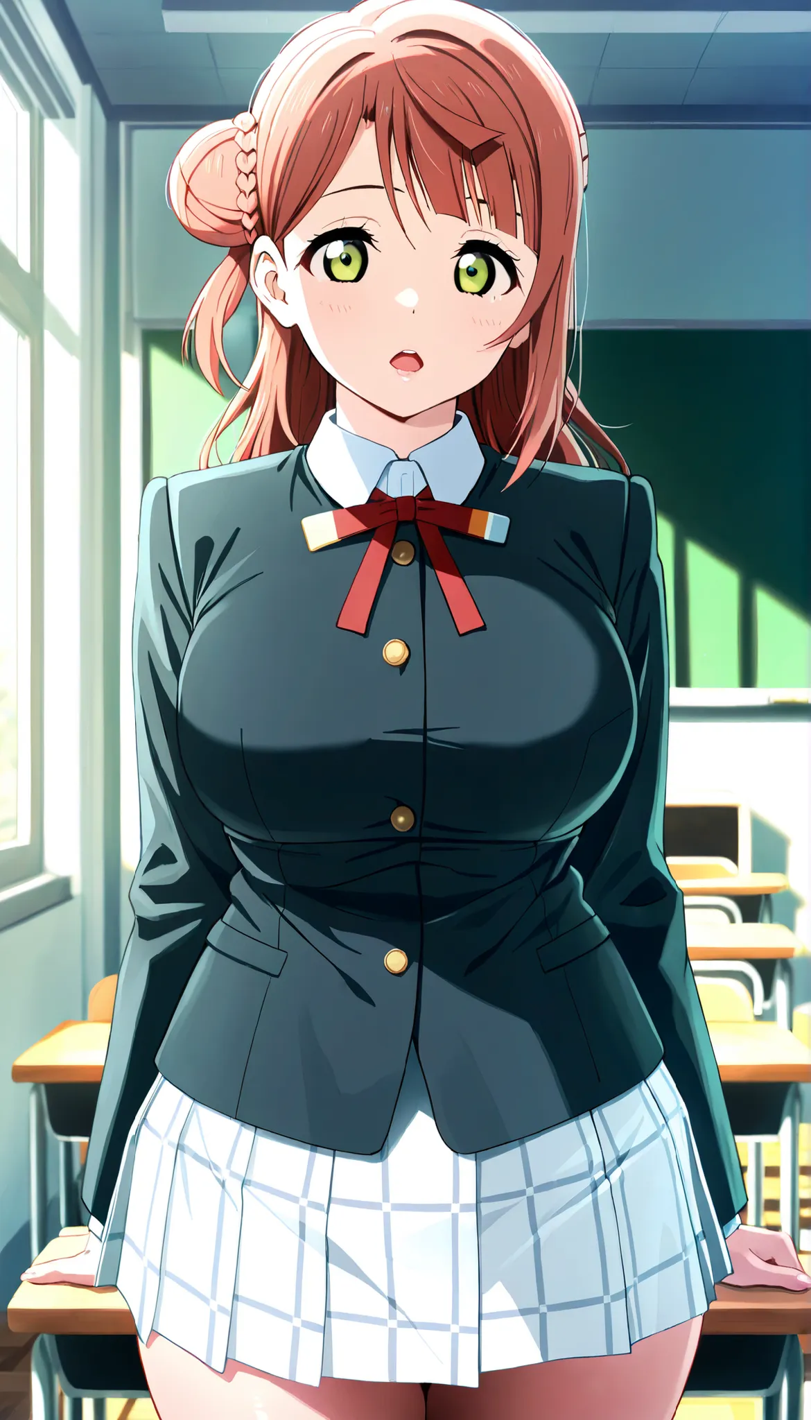 (Ayumu Uehara、long hair、bun hair),long sleeves, black blazer, red neck ribbon, white skirt ,Winter uniform,nijigasaki academy school_uniform, thigh,soft body,gentle curves,calm expression, cowboy shot, standing posture, glossy lips ,open mouth ,classroom ,...