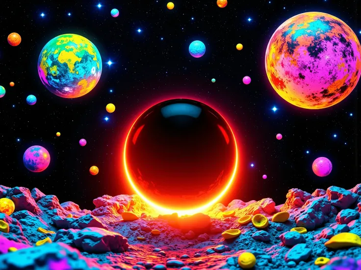 In this vivid and surreal image, a cosmic scene unfolds against a backdrop of deep blackness studded with a myriad of colorful celestial bodies. Dominating the composition is a massive, glowing orb reminiscent of a star or planet in the midst of a solar ec...