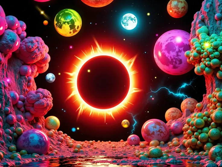 In this vivid and surreal image, a cosmic scene unfolds against a backdrop of deep blackness studded with a myriad of colorful celestial bodies. Dominating the composition is a massive, glowing orb reminiscent of a star or planet in the midst of a solar ec...