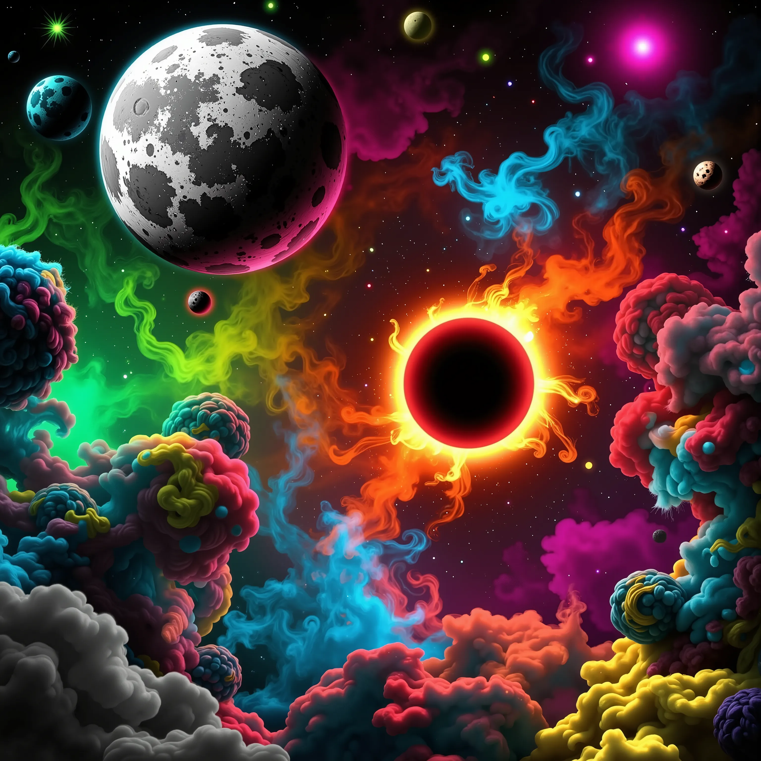 In this vivid and surreal image, a cosmic scene unfolds against a backdrop of deep blackness studded with a myriad of colorful celestial bodies. Dominating the composition is a massive, glowing orb reminiscent of a star or planet in the midst of a solar ec...
