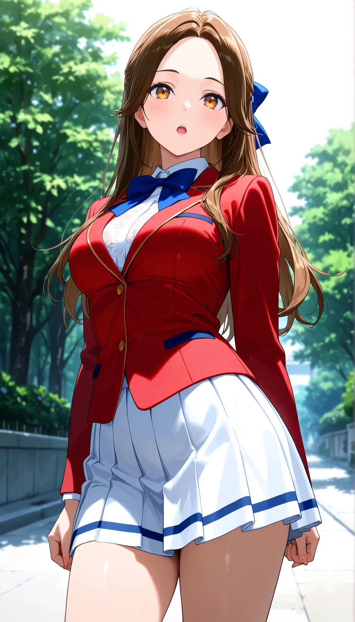  Masterpiece, hd, best quality, 1girl, kiyotaka_ayanokouji, long hair, hair bow, brown hair, medium breasts , forehead, parted bangs, school uniform, red blazer, blue bowtie , white lace shirt, white pleated skirt,thigh, standing ,model posing, indoor ,glo...