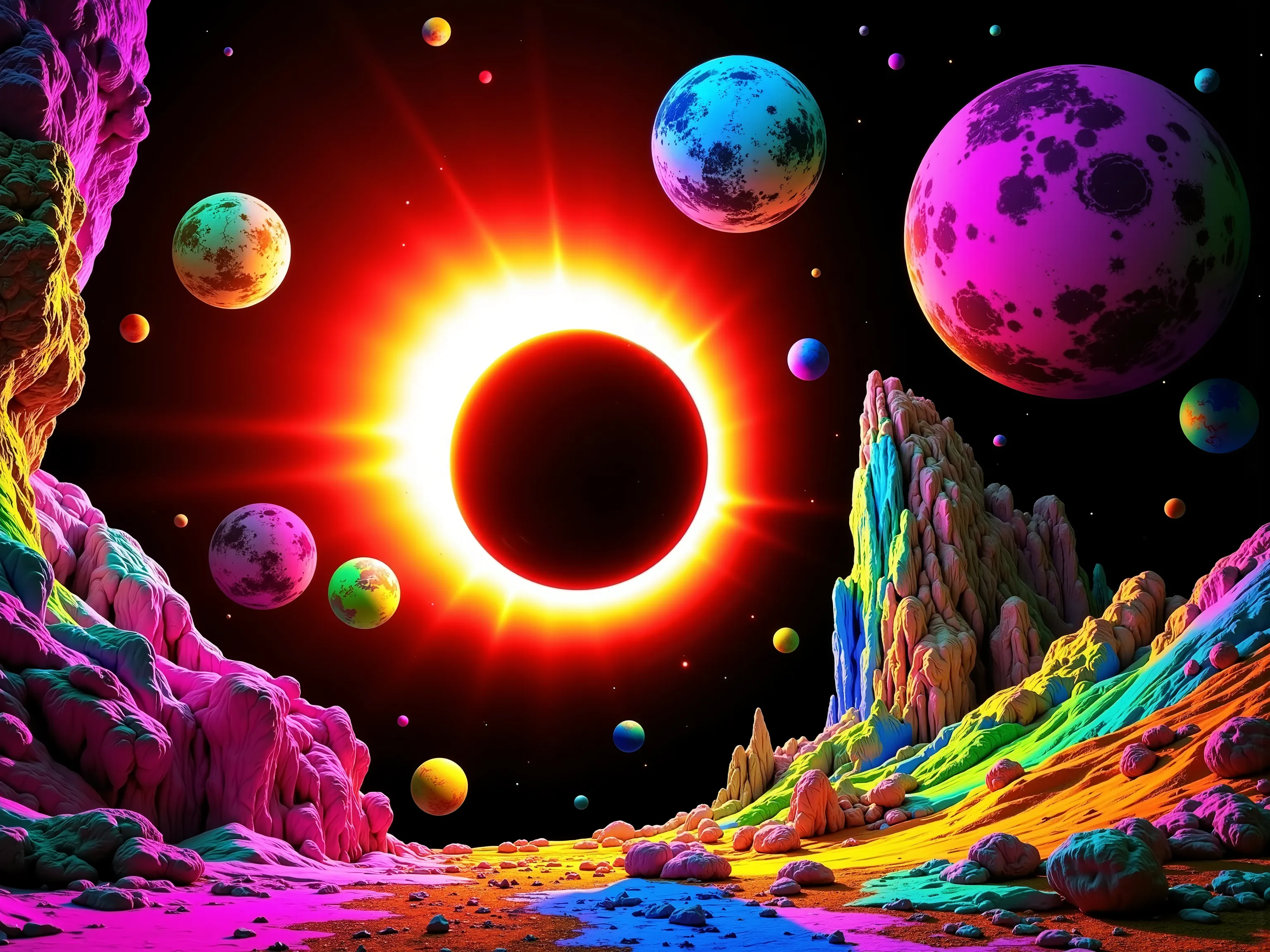 In this vivid and surreal image, a cosmic scene unfolds against a backdrop of deep blackness studded with a myriad of colorful celestial bodies. Dominating the composition is a massive, glowing orb reminiscent of a star or planet in the midst of a solar ec...