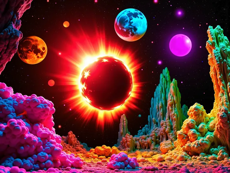 In this vivid and surreal image, a cosmic scene unfolds against a backdrop of deep blackness studded with a myriad of colorful celestial bodies. Dominating the composition is a massive, glowing orb reminiscent of a star or planet in the midst of a solar ec...