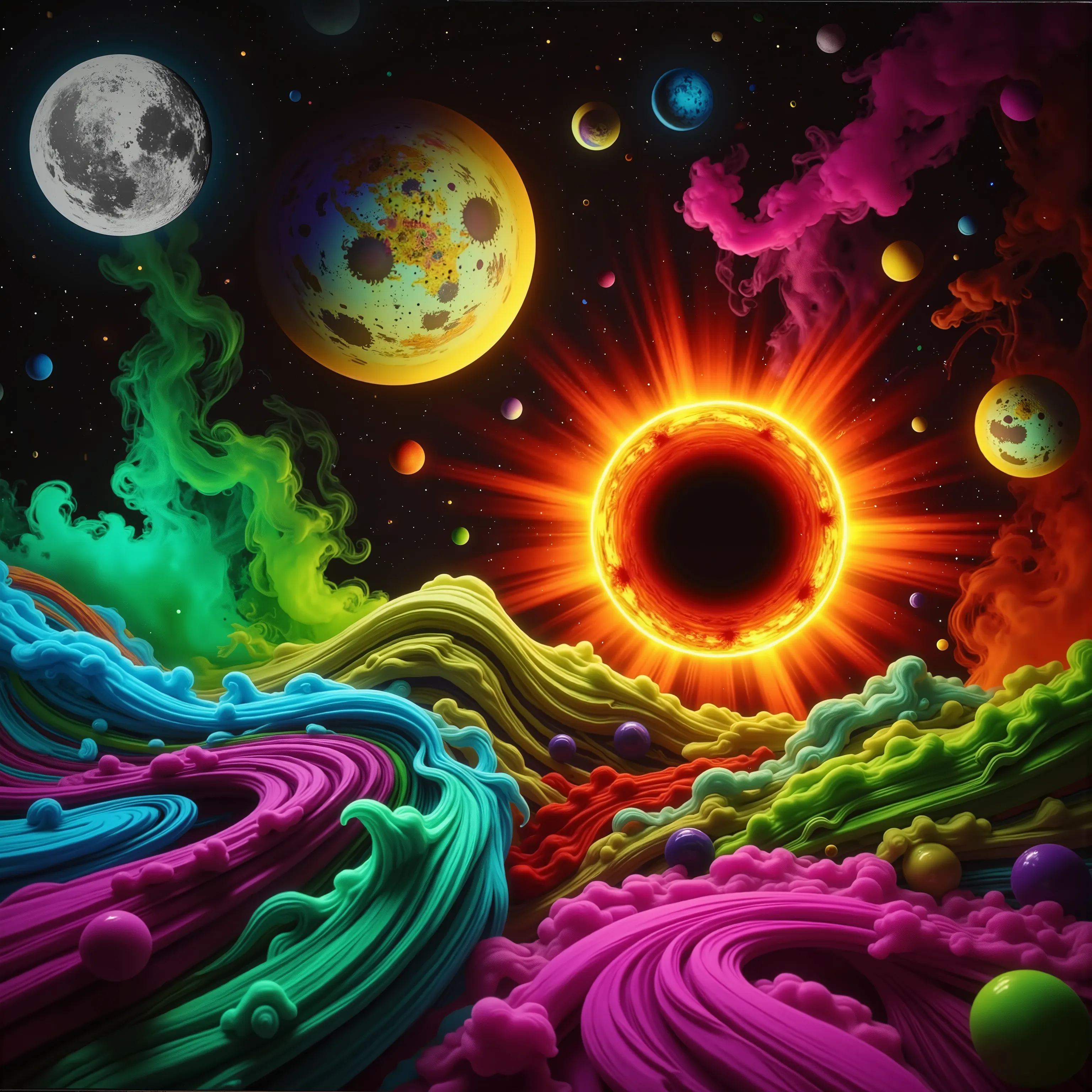 In this vivid and surreal image, a cosmic scene unfolds against a backdrop of deep blackness studded with a myriad of colorful celestial bodies. Dominating the composition is a massive, glowing orb reminiscent of a star or planet in the midst of a solar ec...