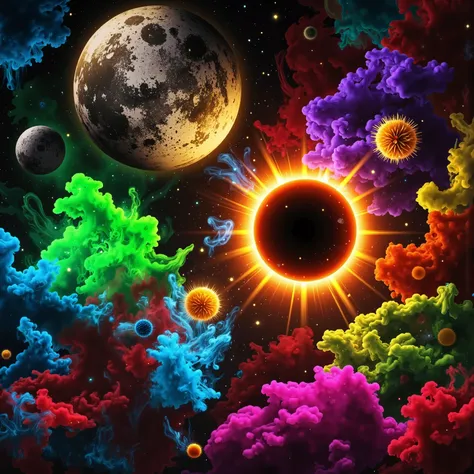 In this vivid and surreal image, a cosmic scene unfolds against a backdrop of deep blackness studded with a myriad of colorful celestial bodies. Dominating the composition is a massive, glowing orb reminiscent of a star or planet in the midst of a solar ec...