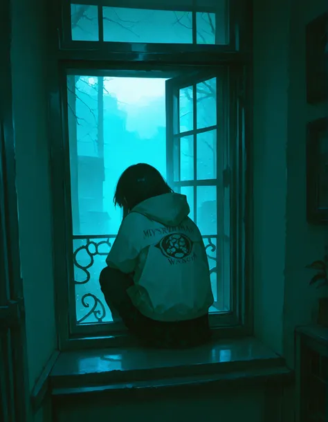 Mysterious man watching from behind a window in a room high above