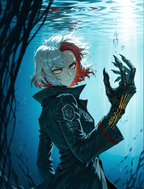 1girl, solo, An close shot of a young woman standing solo at three quarter angle glaring at the viewer, messy and short white hair, red hair, colored inner hair, (broken black coat:1.2), ( Ishmael limbus company:1.1), Outis, Na'vi, underwater, deep ocean h...