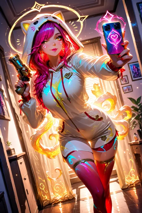 Masterpiece, ultra detailed, 4k resolution, cinematic lighting, dynamic angle, perfect anatomy, natural proportions, expressive faces, realistic shading, soft ambient occlusion, Miss Fortune from the game League of Legends wearing her slumber party skin, ...
