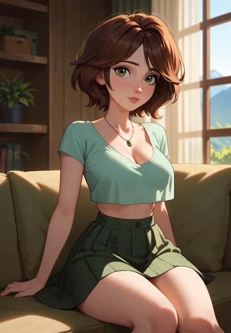 1girl, solo, cass hamada, big hero 6, crop top, skirt, naturally sagging breasts, sitting on a couch, sexy pose, alluring atmosphere, mountain cabin, night time, beautiful lighting and shadows,nsfw,