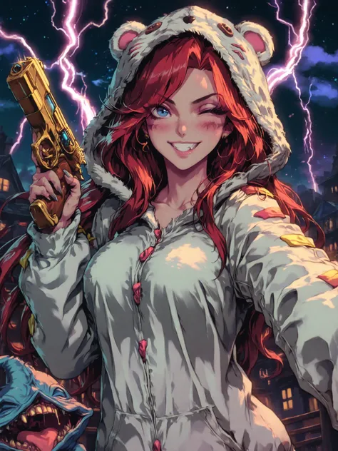 Masterpiece, ultra detailed, 4k resolution, cinematic lighting, dynamic angle, perfect anatomy, natural proportions, expressive faces, realistic shading, soft ambient occlusion, Miss Fortune from the game League of Legends wearing her slumber party skin, a...