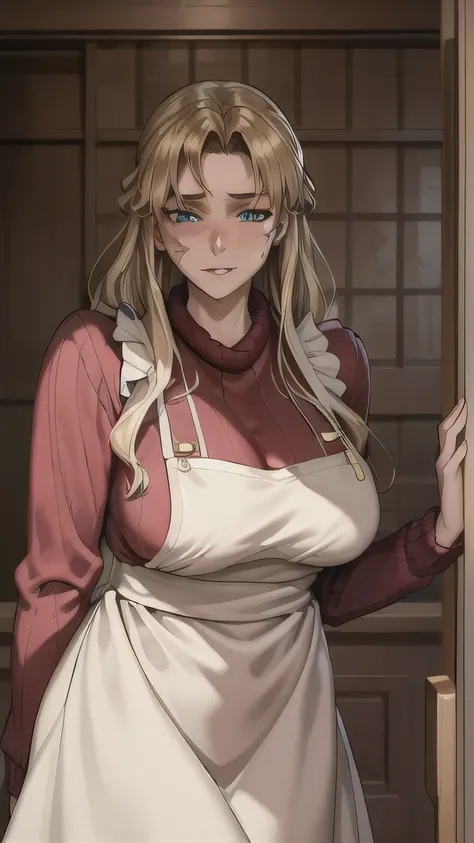 Front entrance of the house,  gold, long hair, girl, scar, solo, mole under eye, blue eyes, burn scar, skirt,  gold, glass　apron over red sweater　dress　I'm surprised to see visitors　is blushing