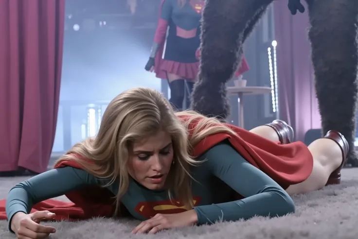 Helen Slater as supergirl、Adorable beauty with long blonde hair, she's wearing long-sleeved blue tight-fitting clothes, In the chest "S" emblem、short pleated red skirt、tall red boots , and a long red cape. 
((Supergirl is being stepped on her back by a bla...
