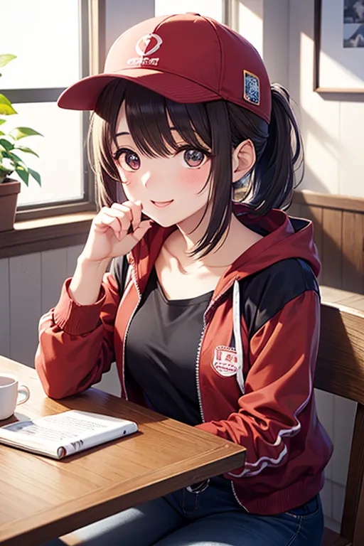 japanese women in their 20s, (big eyes: 1.0), (Alone), Look Up, , close one eye, Parsed mouth, straight hair, long hair, Bang, , (ponytail), Indoor, , (table at the breakfast table), Smile Yan, Happy expression, (I'm holding iced coffee in a clear glass cup) , perfect hands,  beautiful ly blurred background. details: perfect, masterpiece, Highest quality, very  beautiful , Highest, High Quality, (Wearing a red baseball cap), (I'm wearing a red long-sleeved hooded jacket), open jacket, black fingerless gloves (I'm wearing a plain dark blue t-shirt), Long blue jeans, Used denim, morning watching the audience, plant, curtain, living room at home, ⦅, perfect gestures, cute, Photo with blurred background, masterpiece,  beautiful , masterpiece, Highest quality, ,
,,，，

，，
，, 
，


、
.


,,,,
.

.


.
.


, ...

.
.
、, 


,( masterpiece, best quality, high resolution, ultra high resolution, pixel perfect, depth of field, 4K, RTTX10.0),
、Anegasaki Nene, shiny brown short hair, beautiful brown eyes, smiling face, sparkling pupils, (fine grain), , highly detailed face,, (masterpiece:1.2, best quality), ((only1 girl)), ((cowboy shot))