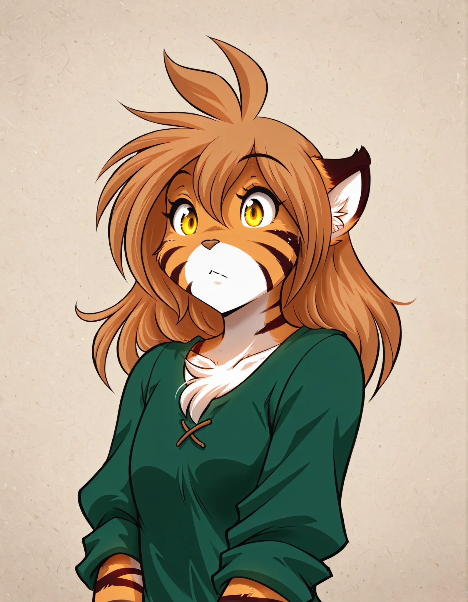 ccsacl,, masterpiece, best quality, very aesthetic, 1girl,, furry, solo, flora-twokinds, flora_twokinds,, tiger, striped fur, keidran, yellow eyes, anthro, runesword,, green shirt