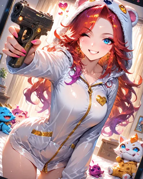  Masterpiece, ultra detailed, 4k resolution, cinematic lighting, dynamic angle, perfect anatomy, natural proportions, expressive faces, realistic shading, soft ambient occlusion, Miss Fortune from the game League of Legends wearing her pajama guardian skin...