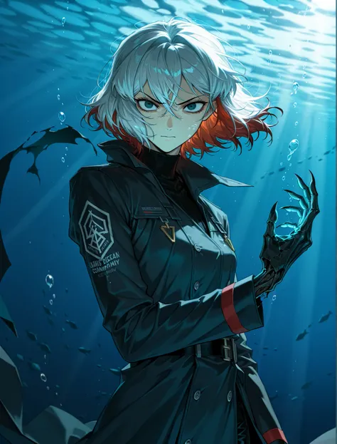 1girl, solo, An close shot of a young woman standing solo at three quarter angle glaring at the viewer, messy and short white hair, red hair, colored inner hair, (broken black coat:1.2), ( Ishmael limbus company:1.1), Outis, Na'vi, underwater, deep ocean h...