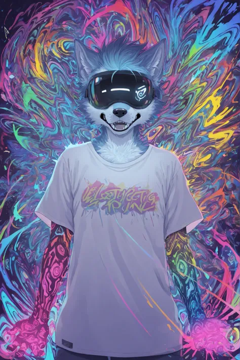 masterpiece, ultra-detailed, best quality, t-shirt design, portarit of abstract anthropomorhpic wolf head exploding with UV reactive colors, rainbow light trails, aggressive neon splatter effects, VR interface glowing with psychedelic patterns, summer rave...