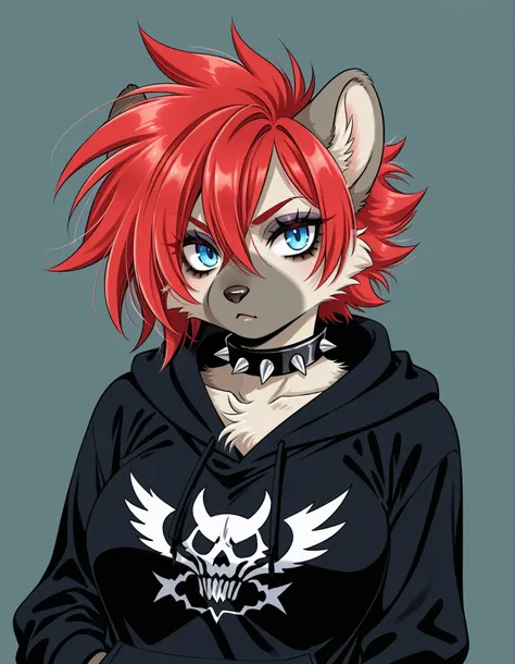 ccsacl,, 1girl, solo, anthro hyena, furry, furry female, blue eyes, punk, grey fur, black hoodie, breast, spike collar, red hair,