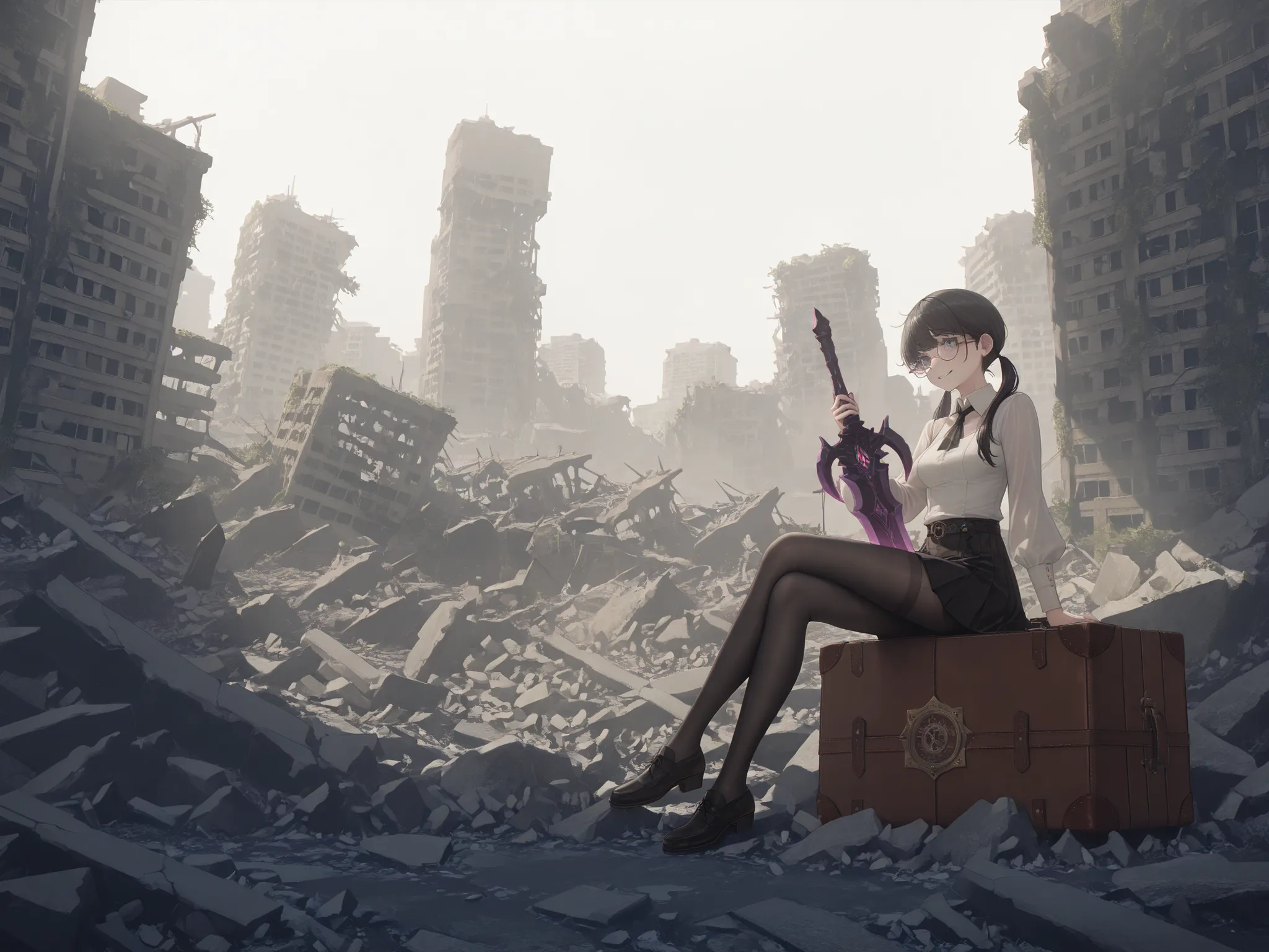 masterpiece, best quality, amazing quality, nieraccord, nierscene, scenery, city ruins, sitting on rubble, holding beastcurse sword, smiling, glasses, twintails, a large old fashioned suitcase nearby
