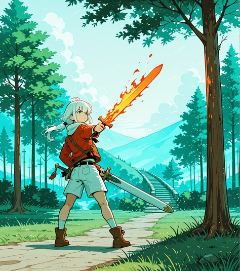 1boy, solo, male_focus, weapon, sword, parody, white_hair, tree, shorts, outdoors, fire